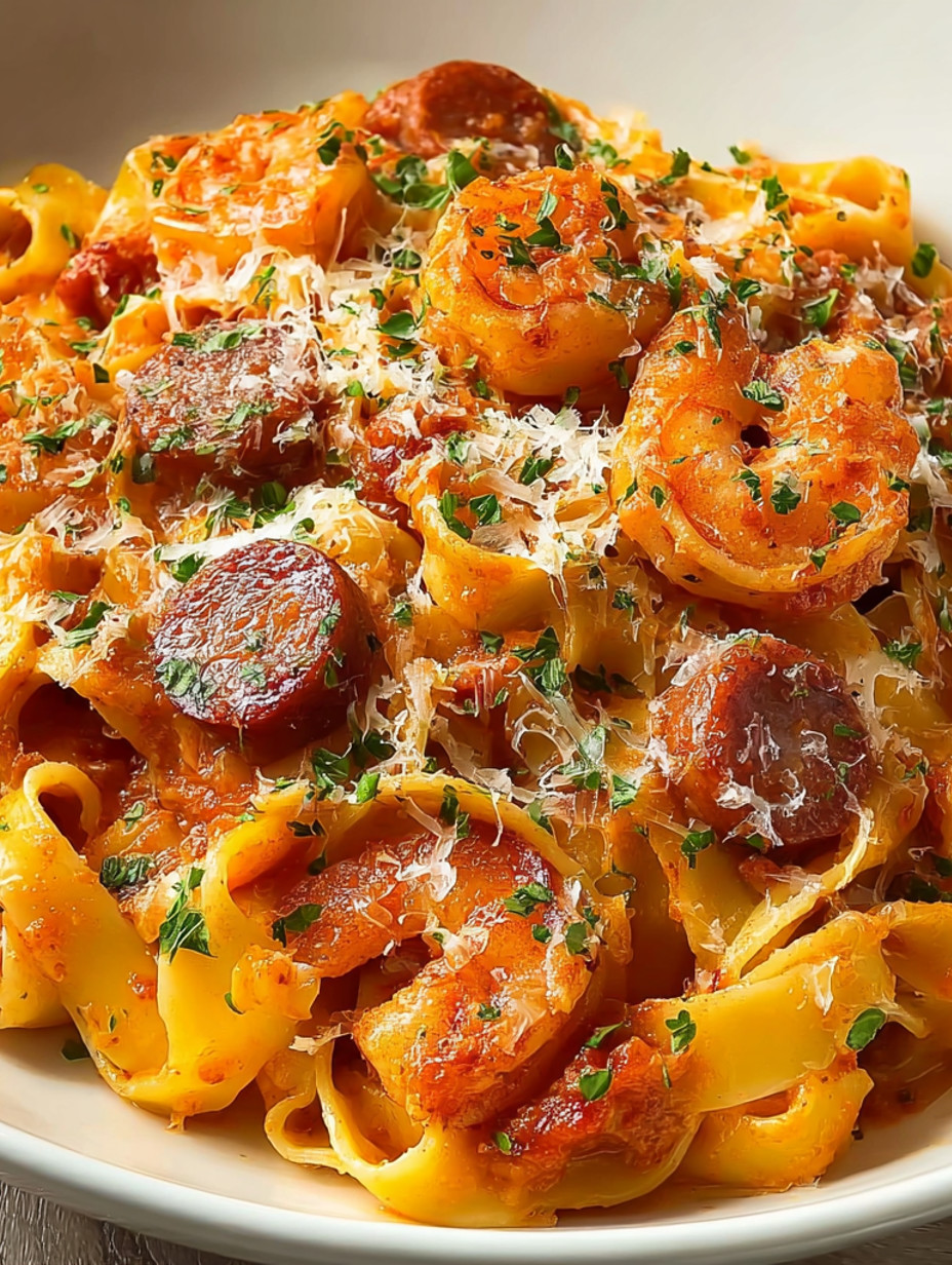 A plate of pasta with shrimp and cheese.