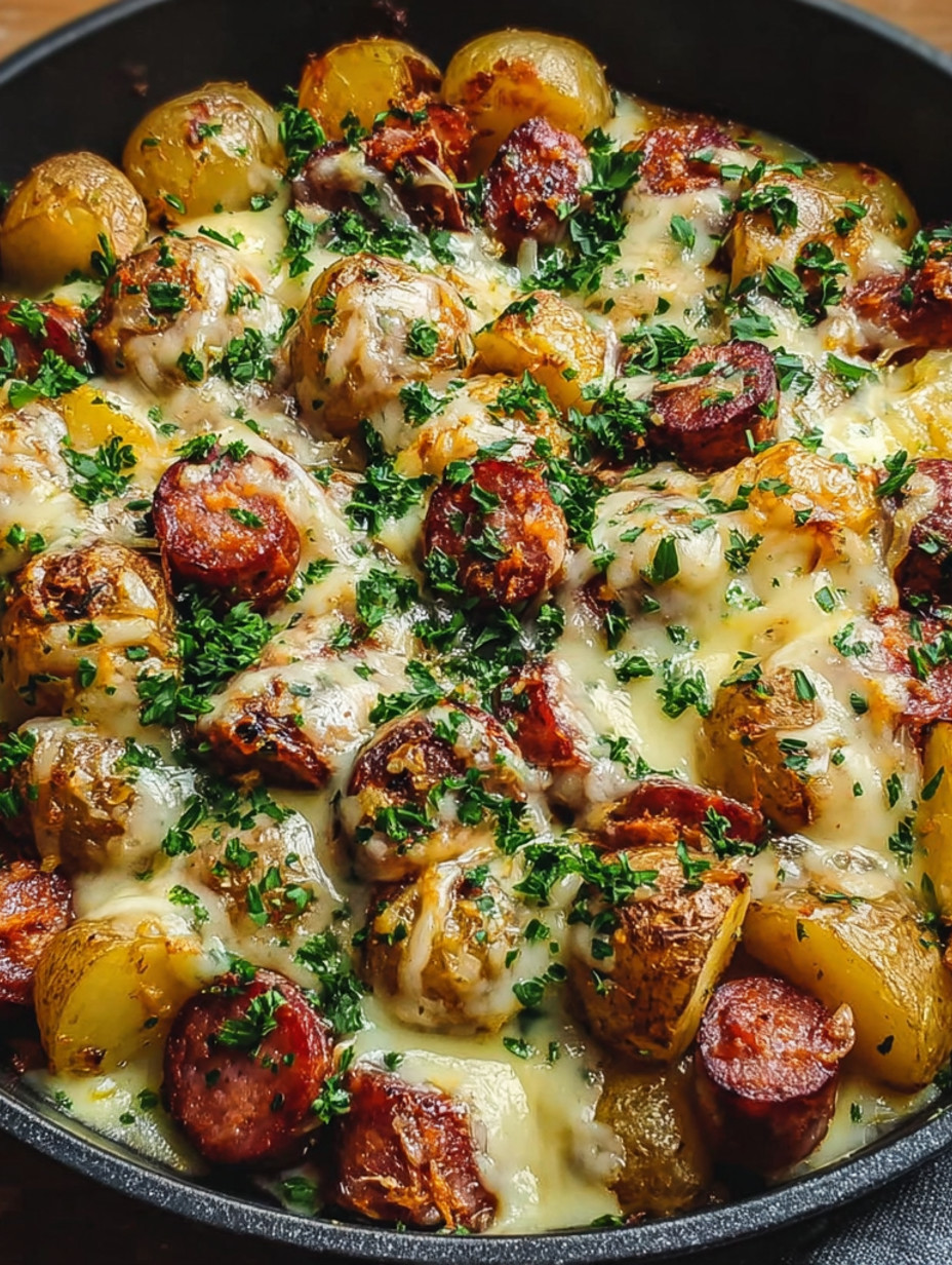 A dish of sausage and potatoes.