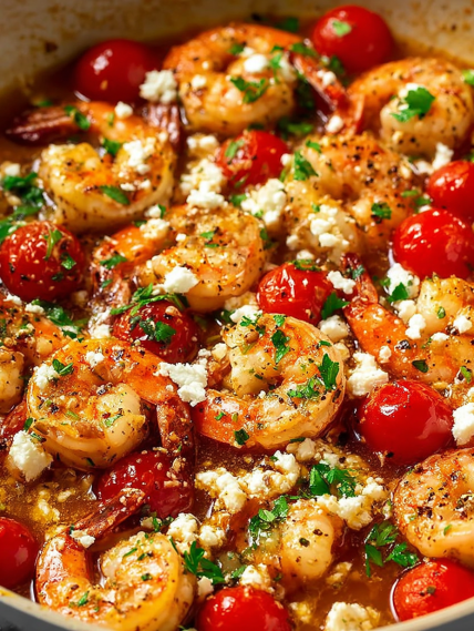 A close up of a shrimp and tomato dish.
