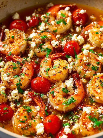 A dish of shrimp and tomatoes.