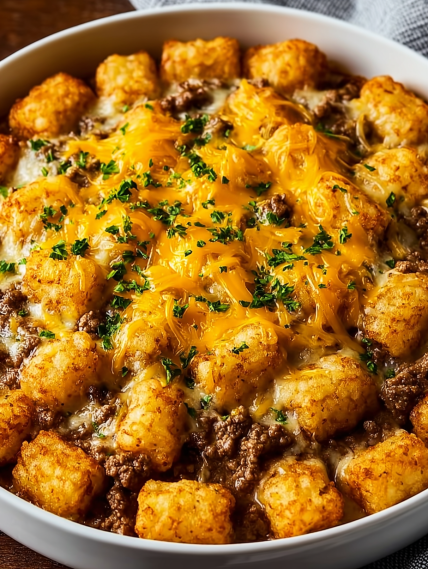 A bowl of food with cheese and tater tots.