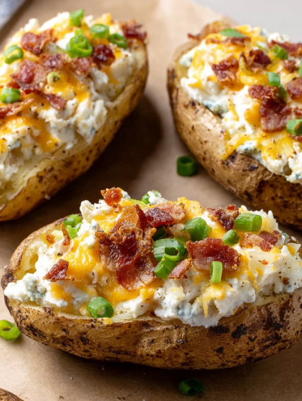 A close up of a baked potato with bacon and cheese.