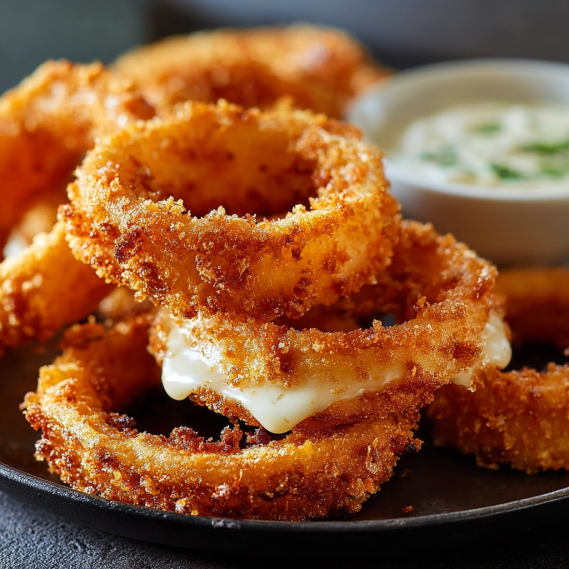 A plate of onion rings with a bowl of dipping sauce.