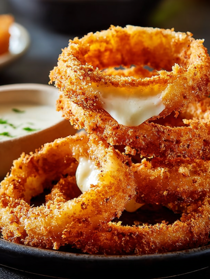 A stack of fried onion rings.