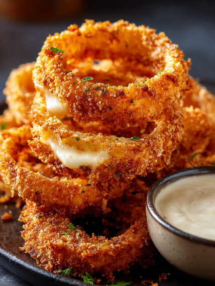 A bowl of dipping sauce next to a stack of onion rings.