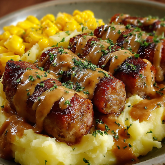 A plate of food with sausage and corn.