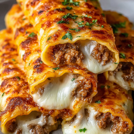 A stack of lasagna with meat and cheese.