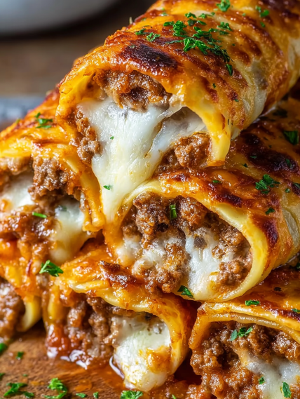 A stack of lasagna with meat and cheese.