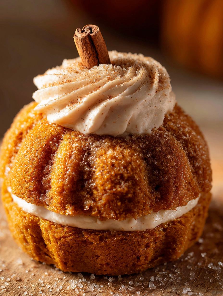 Mini pumpkin bundt cakes with cinnamon stick stems.