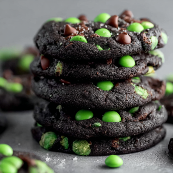 A stack of chocolate chip cookies with green candy toppings.