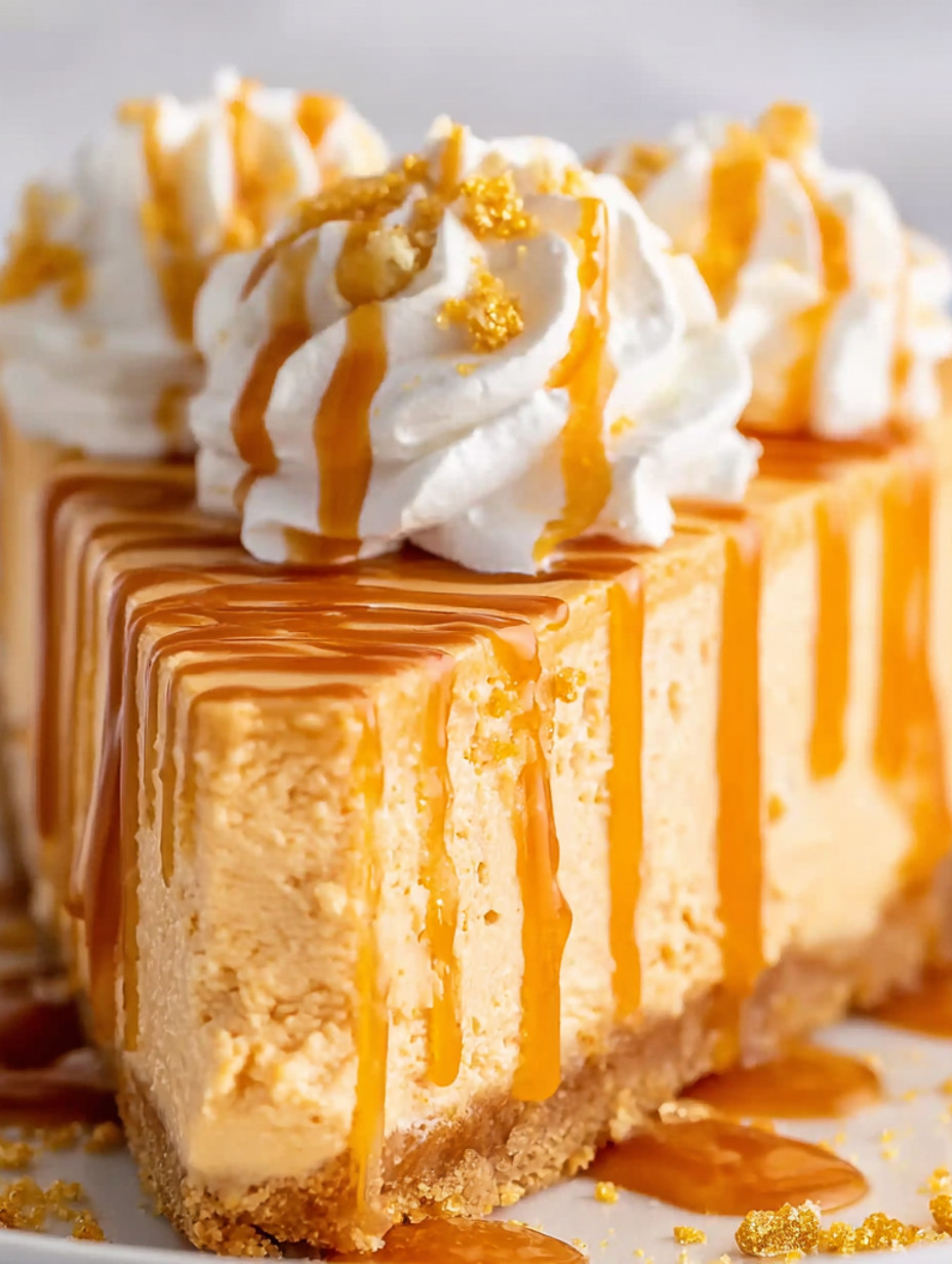 A slice of cake with whipped cream and caramel sauce.