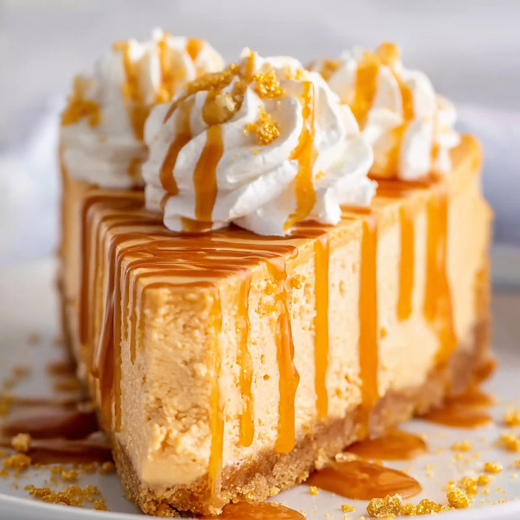 A slice of cheesecake with caramel sauce.