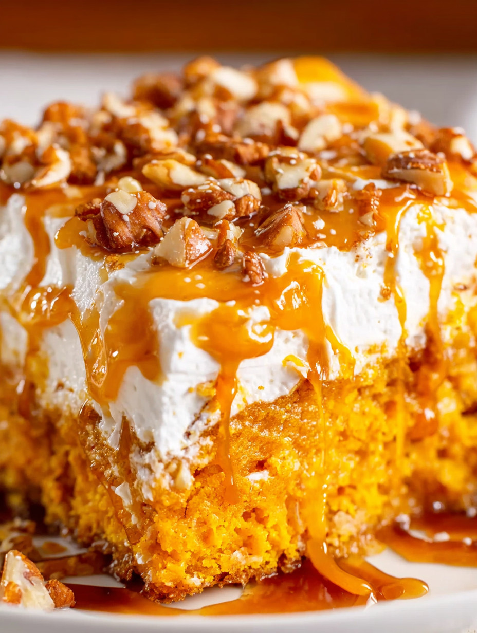 A slice of cake with caramel sauce drizzled on top.