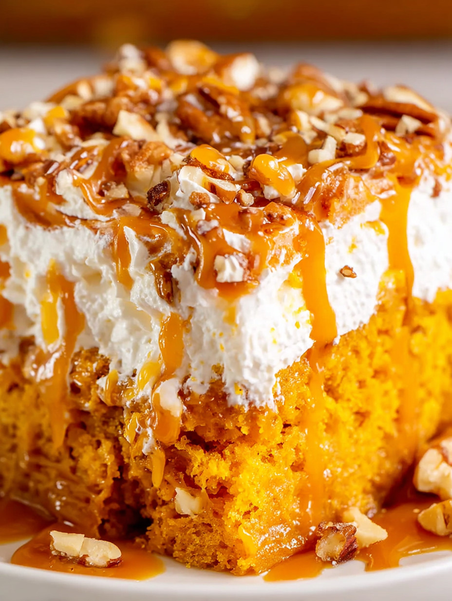 A slice of carrot cake with white frosting and drizzled with caramel.