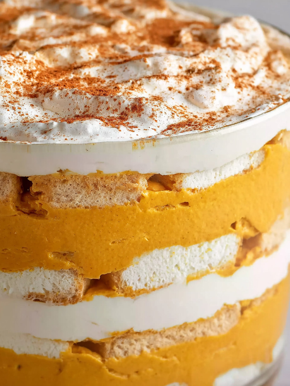 A layered dessert with orange and white frosting.
