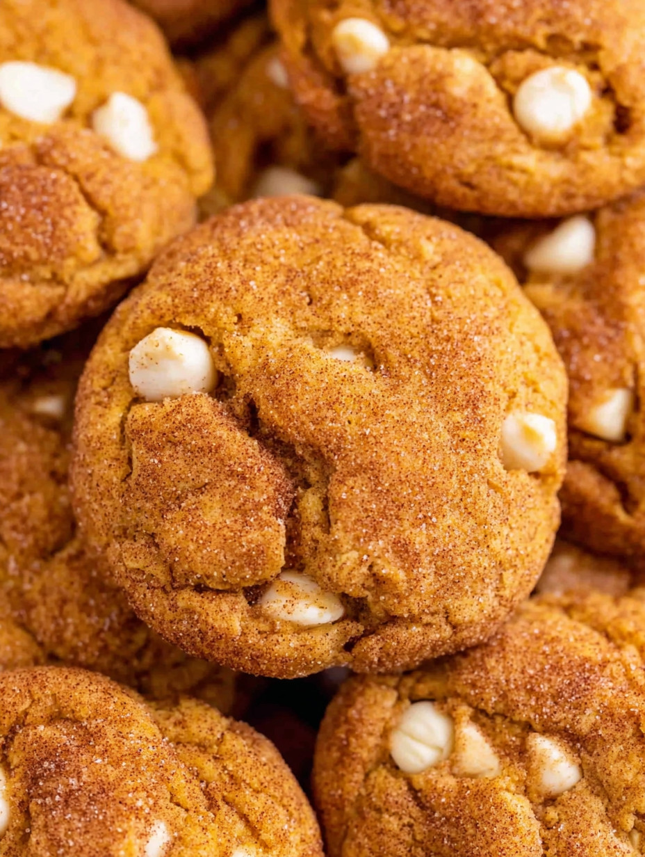 Pumpkin snickerdoodle cookies stacked with creamy cheesecake filling visible.