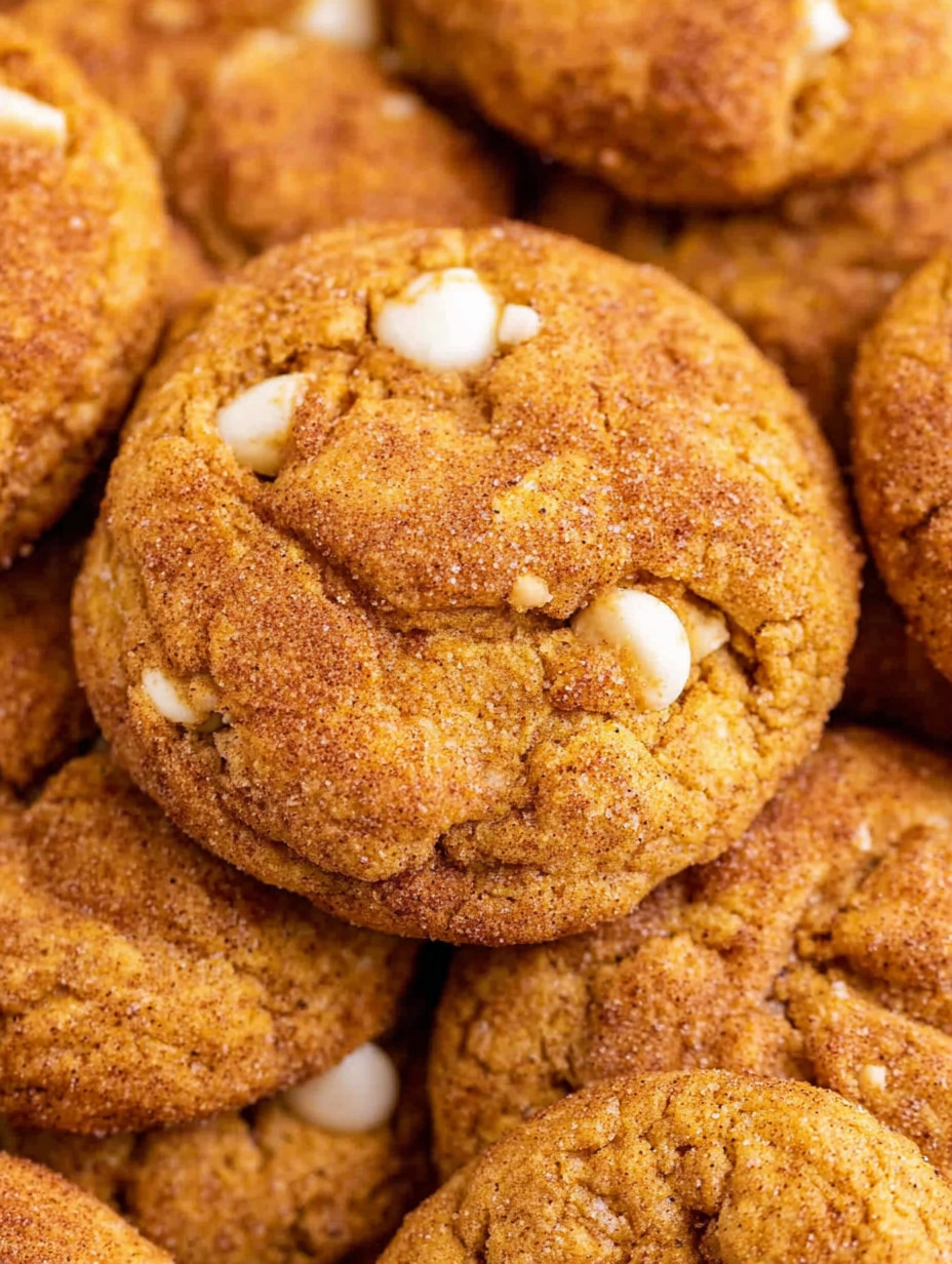 A pile of pumpkin snickerdoodle cheesecake cookies on a baking sheet.