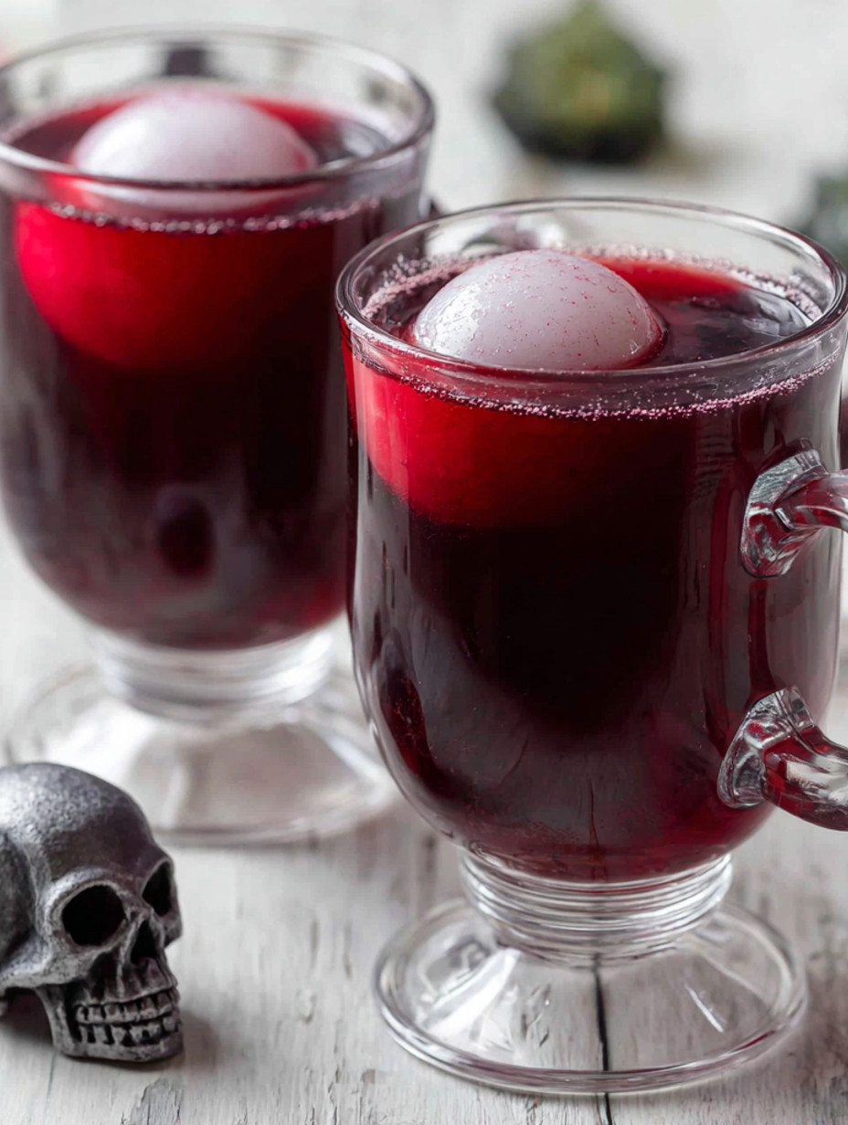 Two glasses of red drink with ice cubes in them.