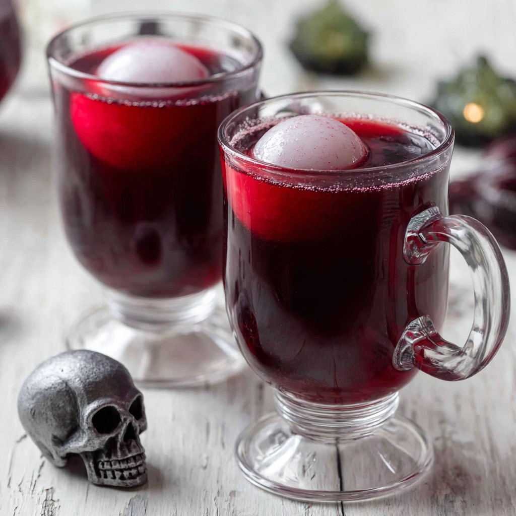 Two glasses of red drink with white balls on top.