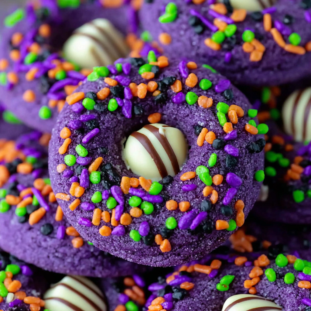 A purple donut with chocolate and orange sprinkles.