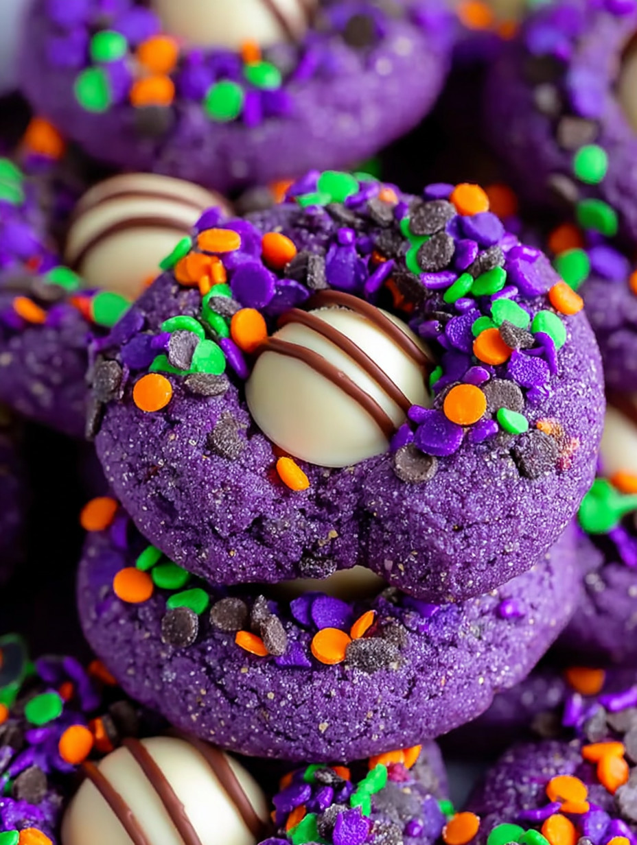 A purple donut with white frosting and orange sprinkles.