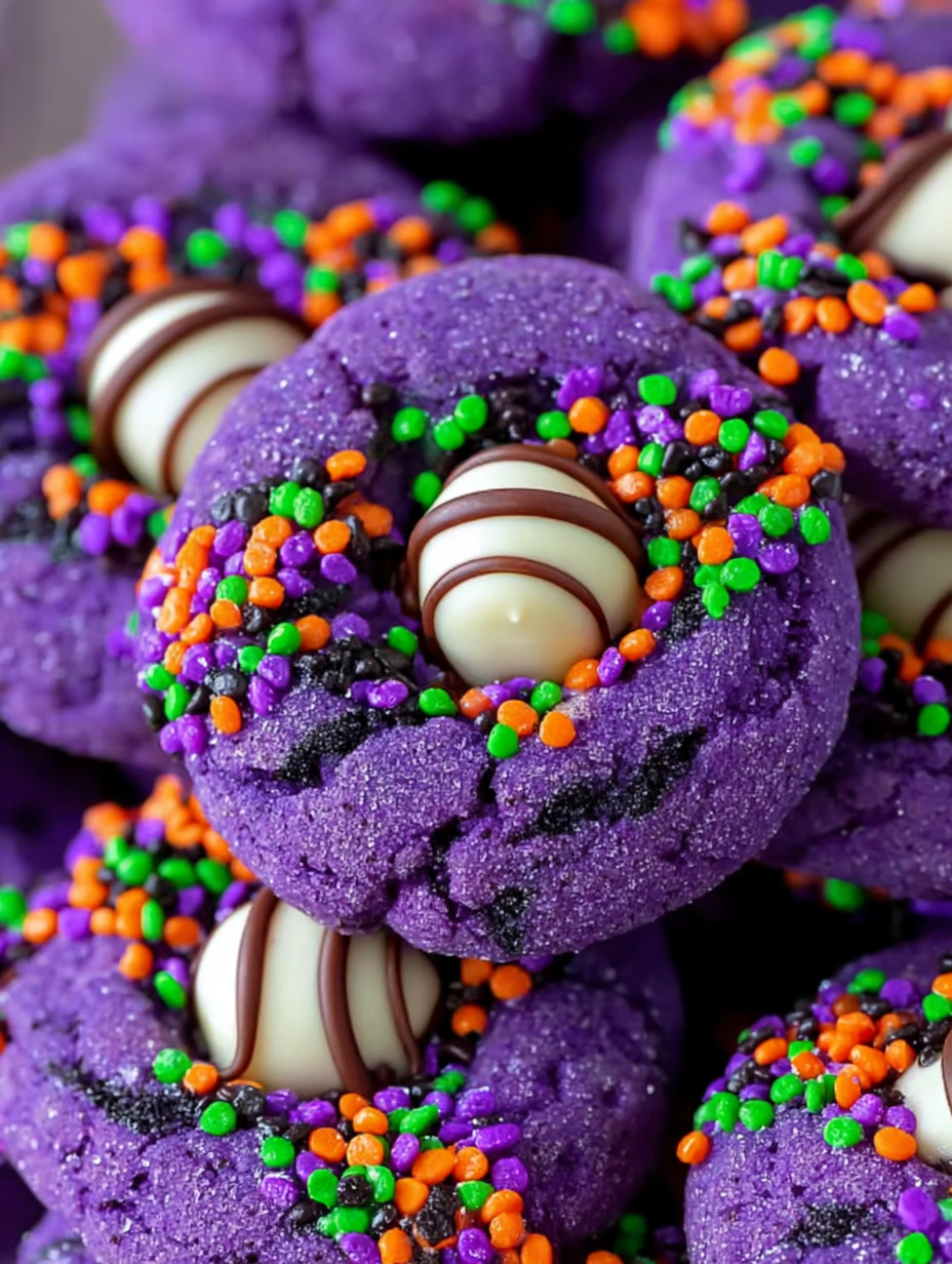 A purple donut with chocolate and white frosting.
