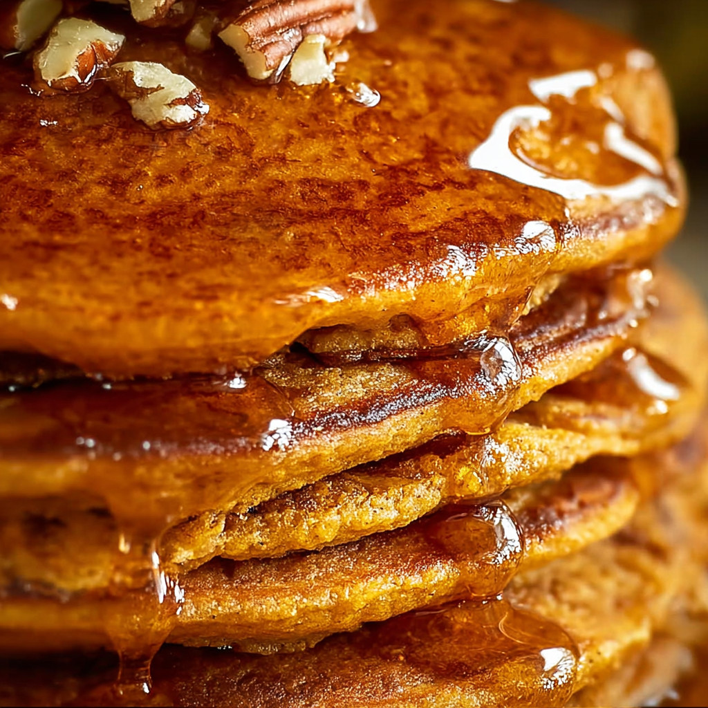 Stack of pancakes with syrup drizzled on top.