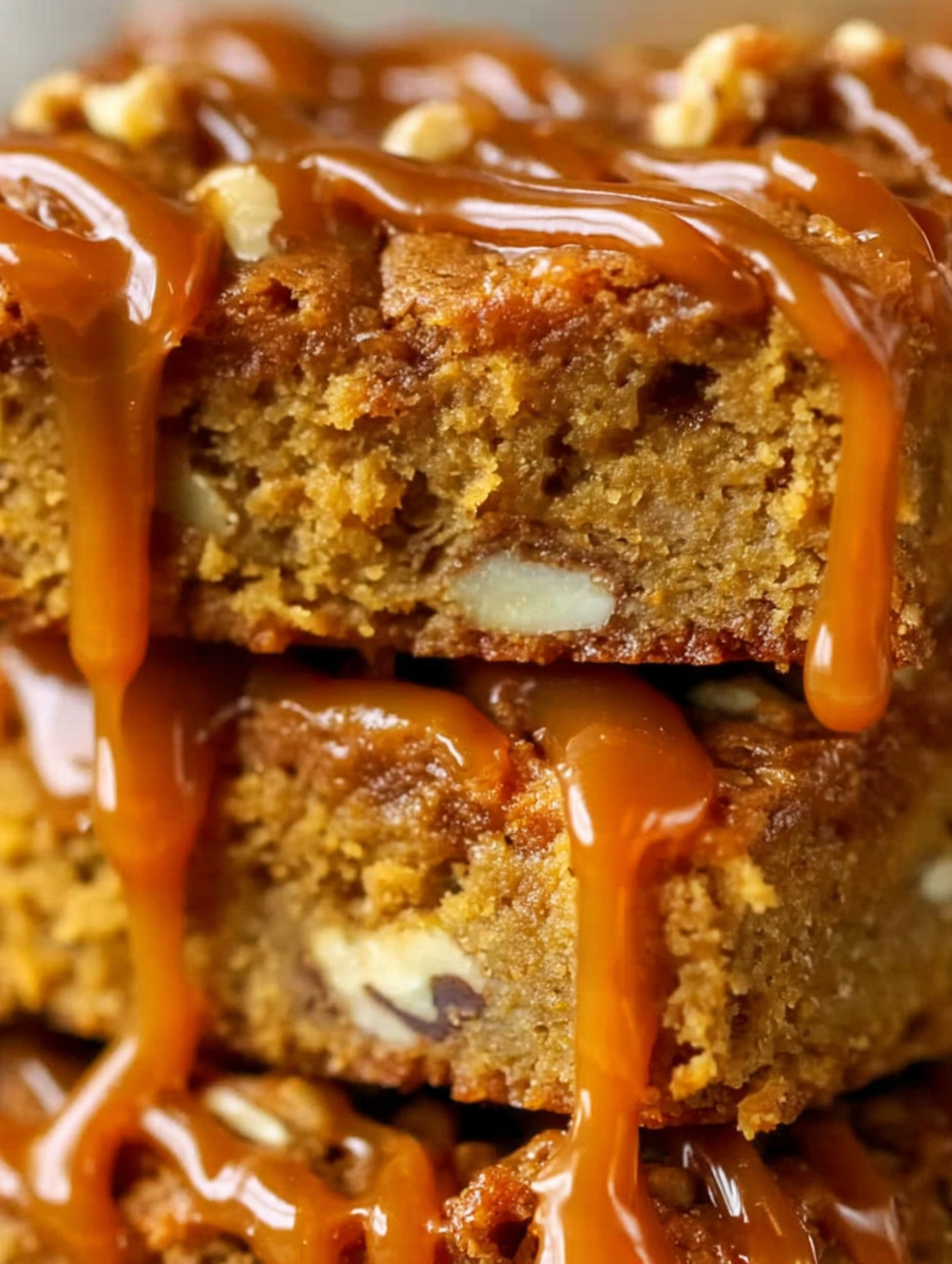 A stack of caramel covered cake bars.