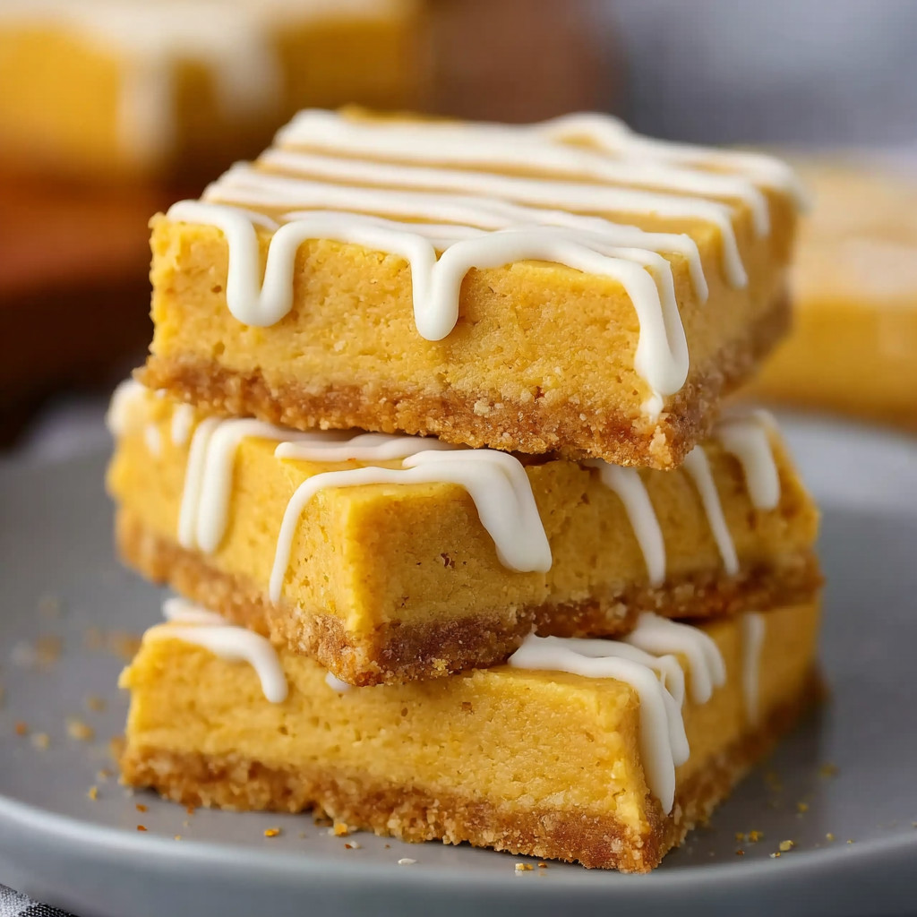 A stack of cake bars with white icing.