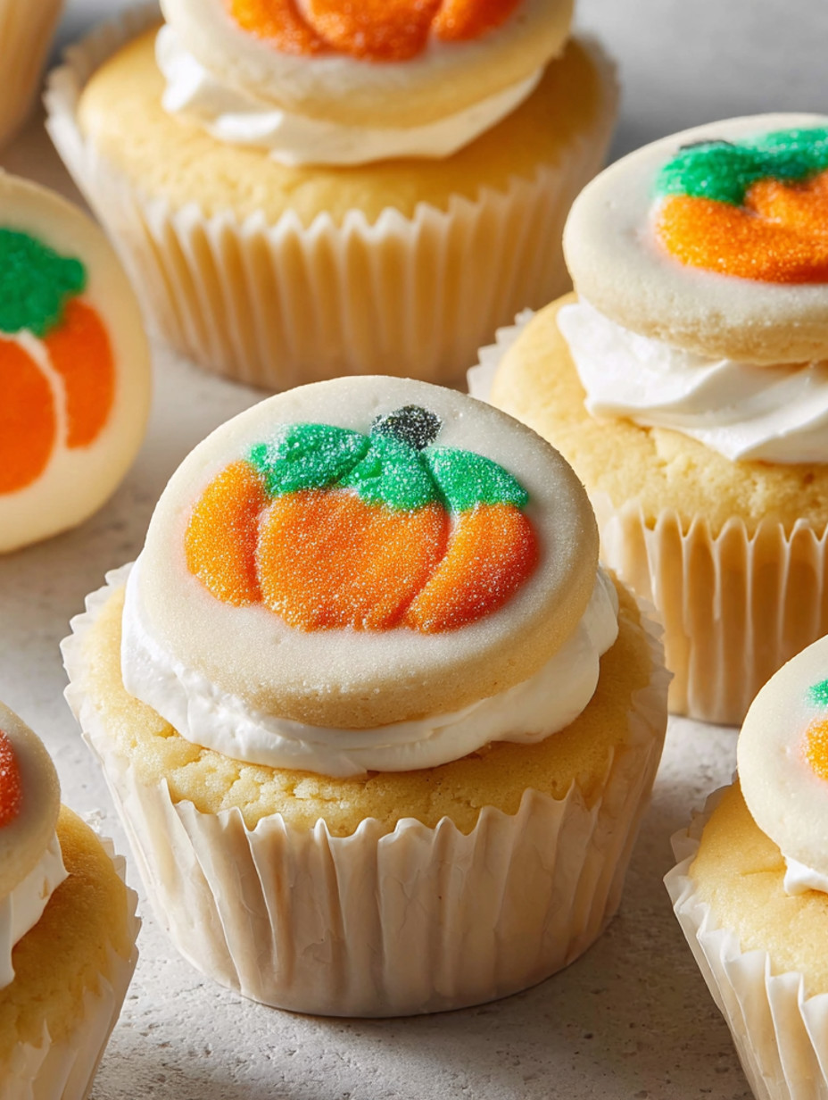 Cupcakes with orange frosting and pumpkin decorations.