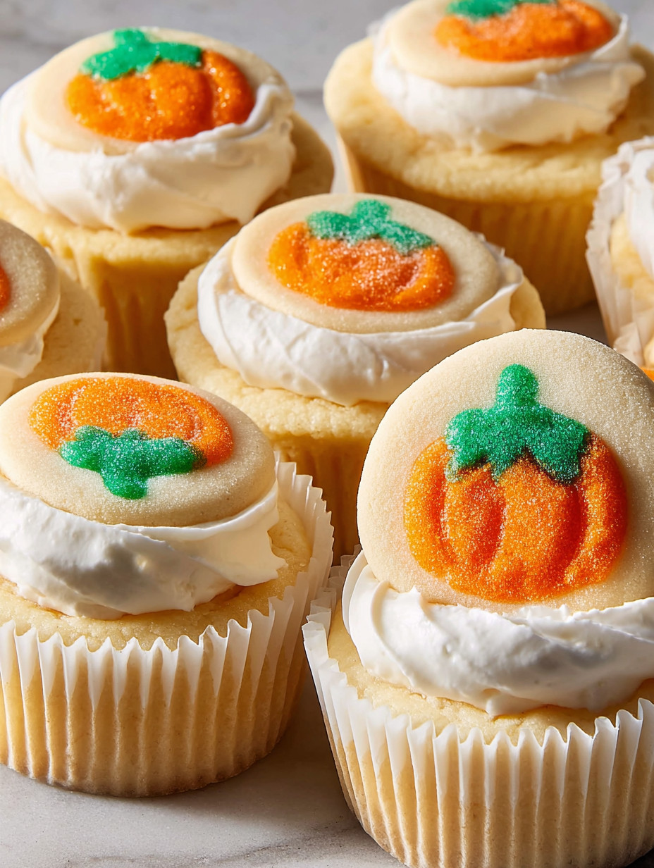 Cupcakes with frosting and orange decorations.