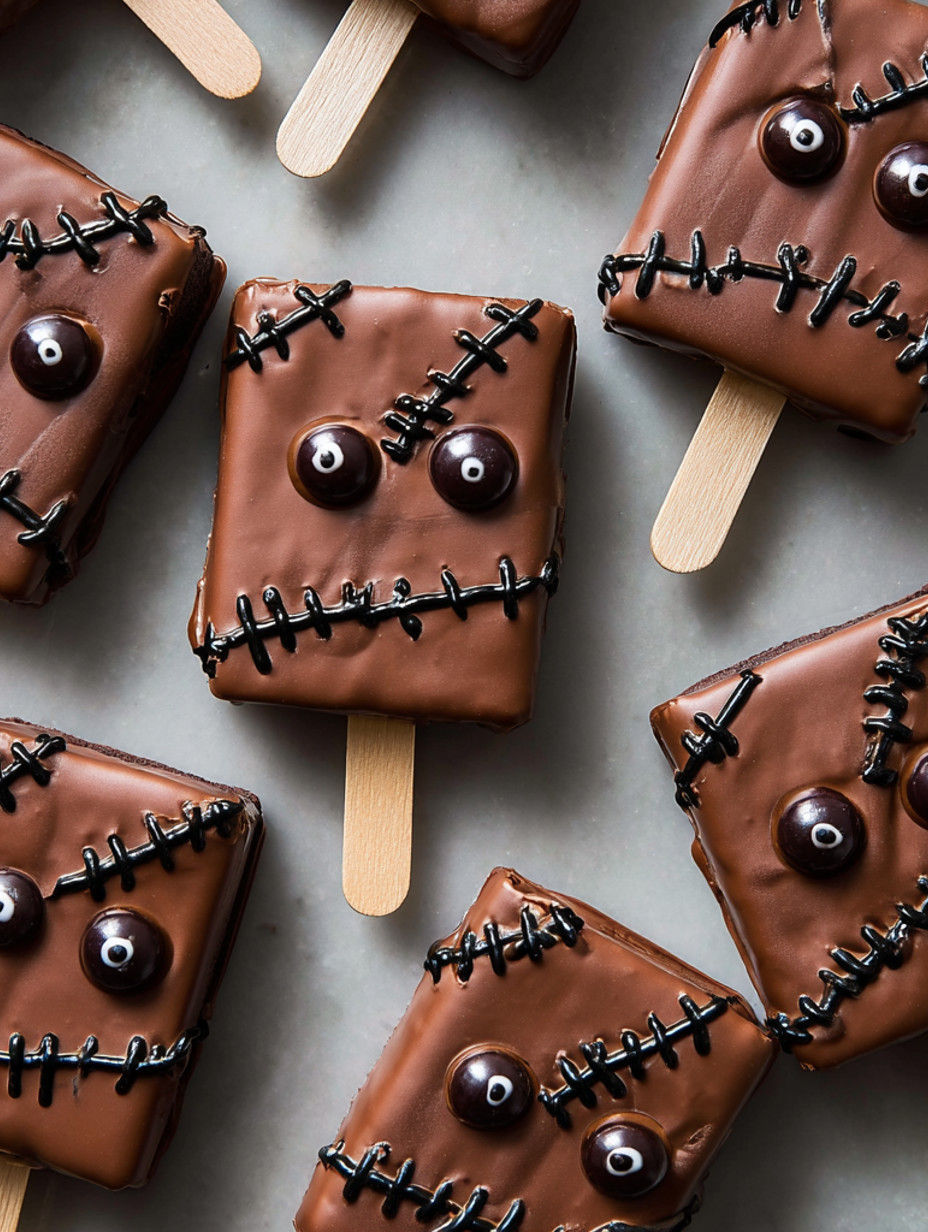 A close up of a chocolate covered ice cream bar with a face drawn on it.