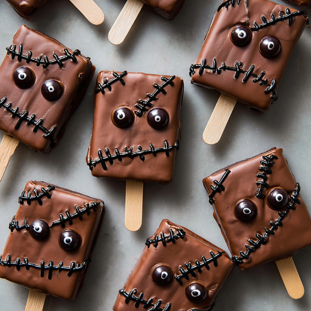 Chocolate ice cream with a face on a stick.