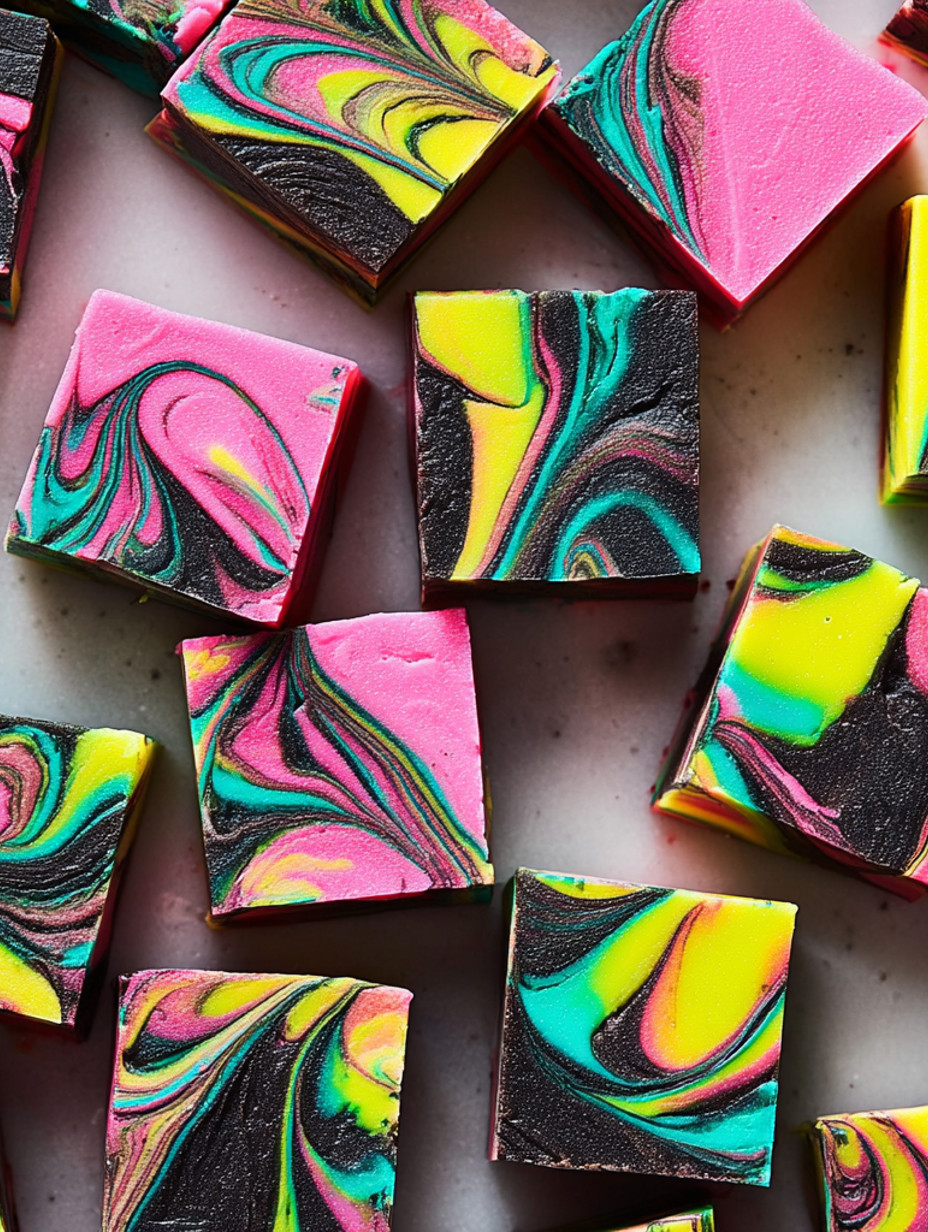 A pink and black cake with swirls.