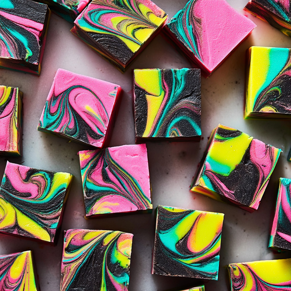 A colorful cake with swirls of pink, yellow, and black.