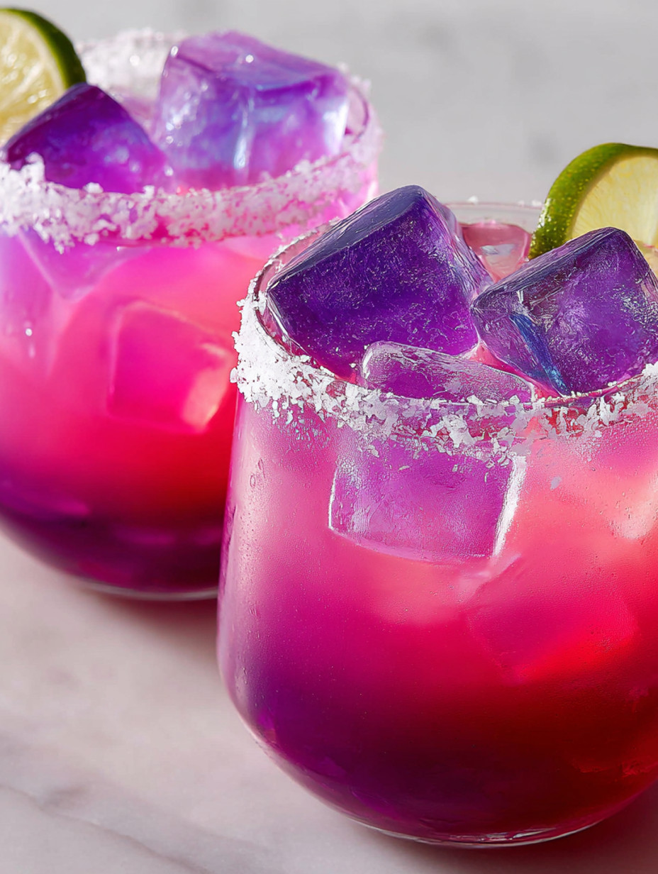 Two glasses of pink drink with ice.