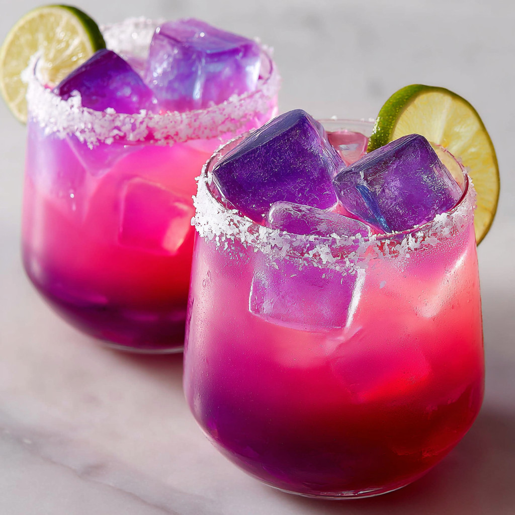 Two glasses of pink drink with ice.