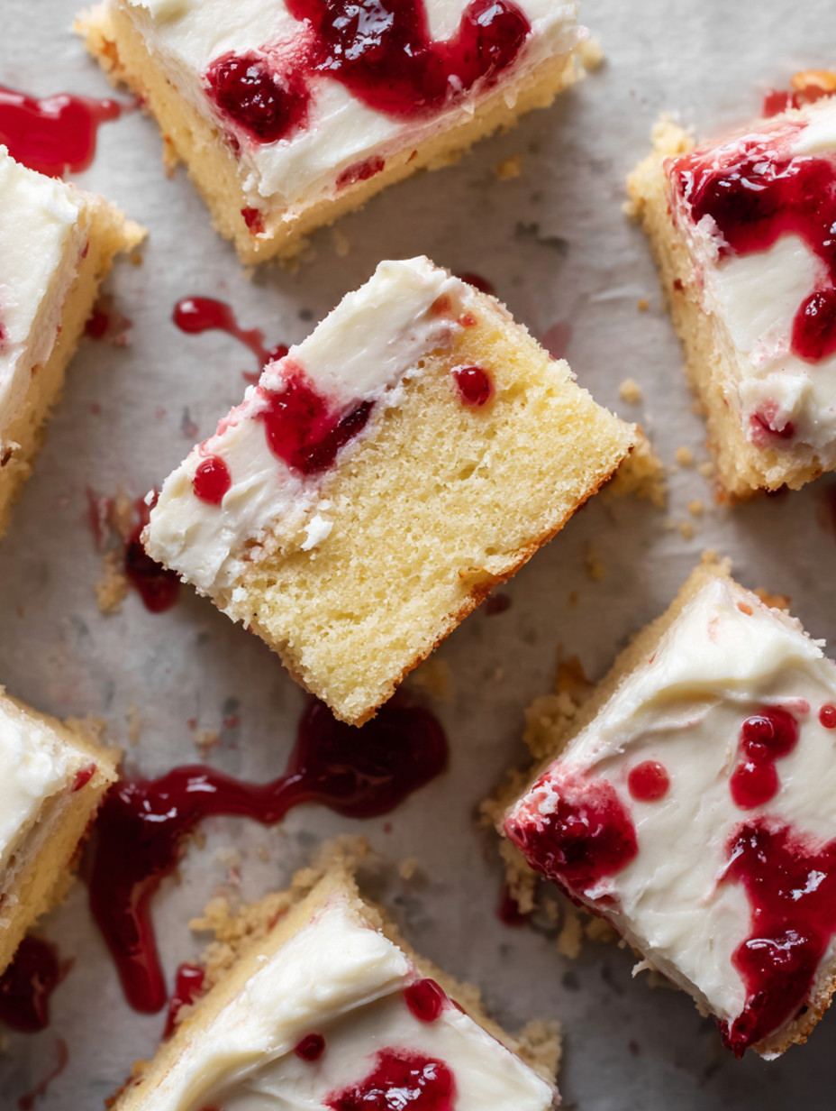 A slice of cake with strawberry sauce on it.