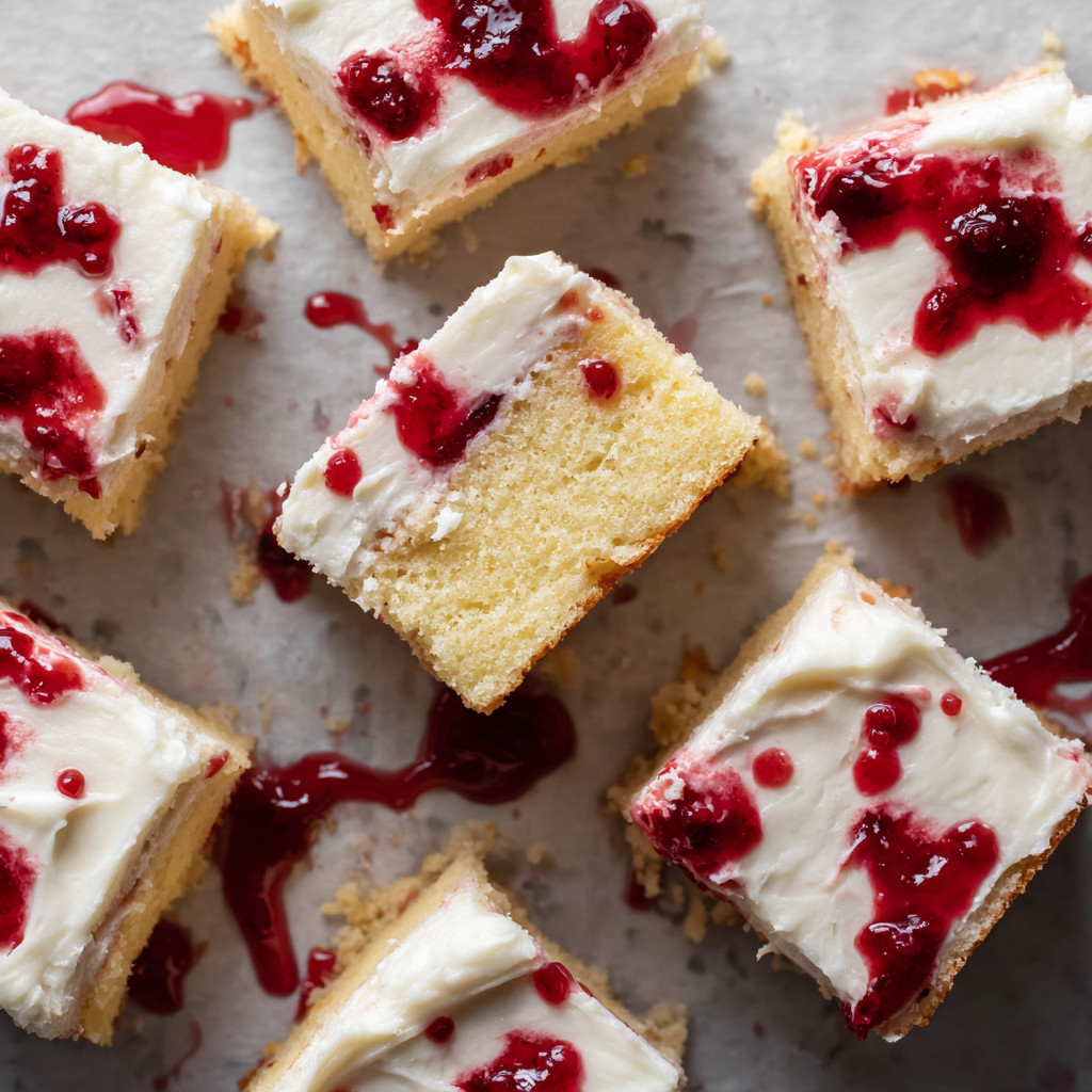 A slice of cake with white frosting and red berries.