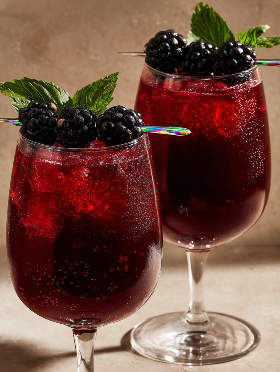 Two glasses of red wine with blackberries in them.