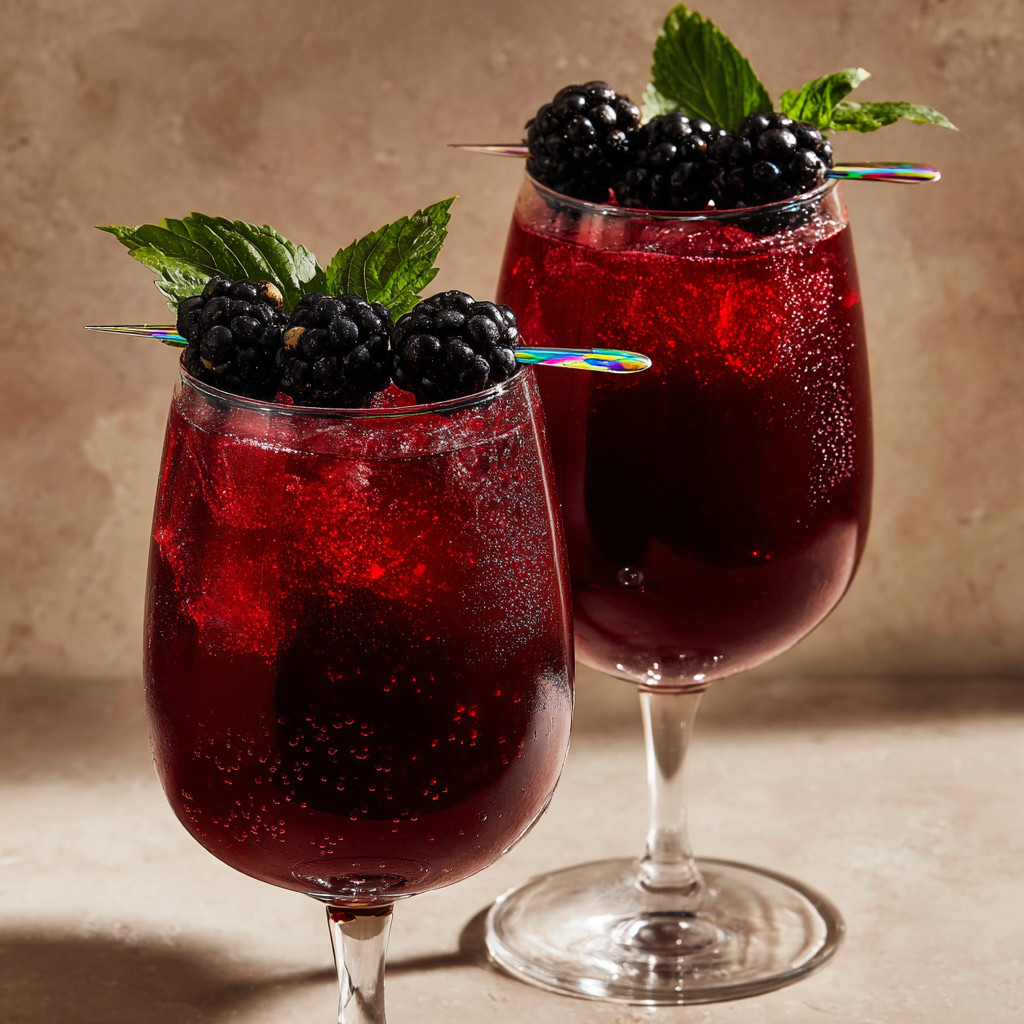 Two glasses of red wine with blackberries.
