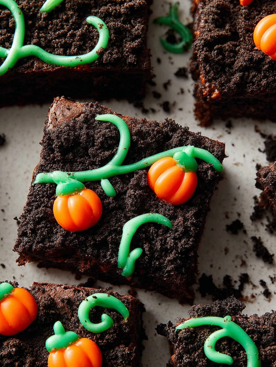A piece of chocolate cake with a green and orange decoration.
