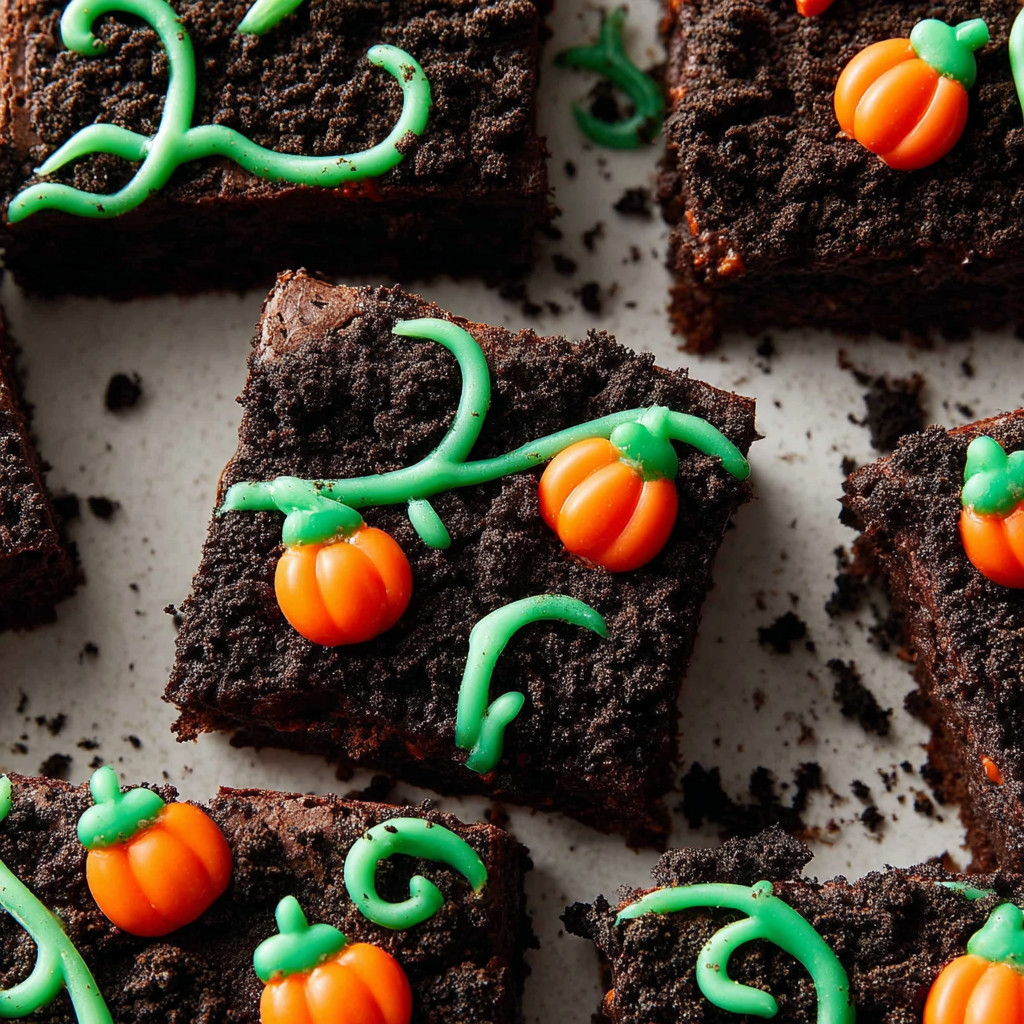 A plate of brownies with orange and green frosting.
