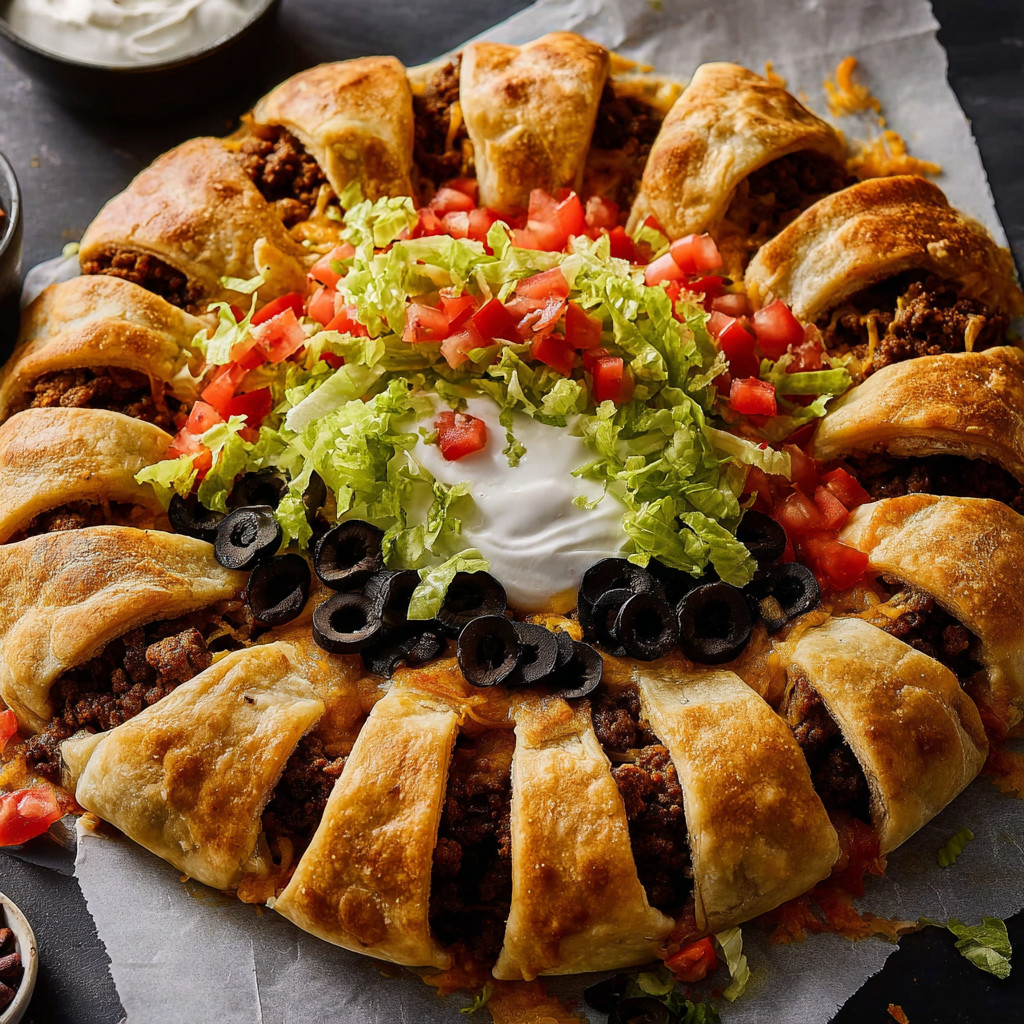 A delicious pizza with meat and vegetables.