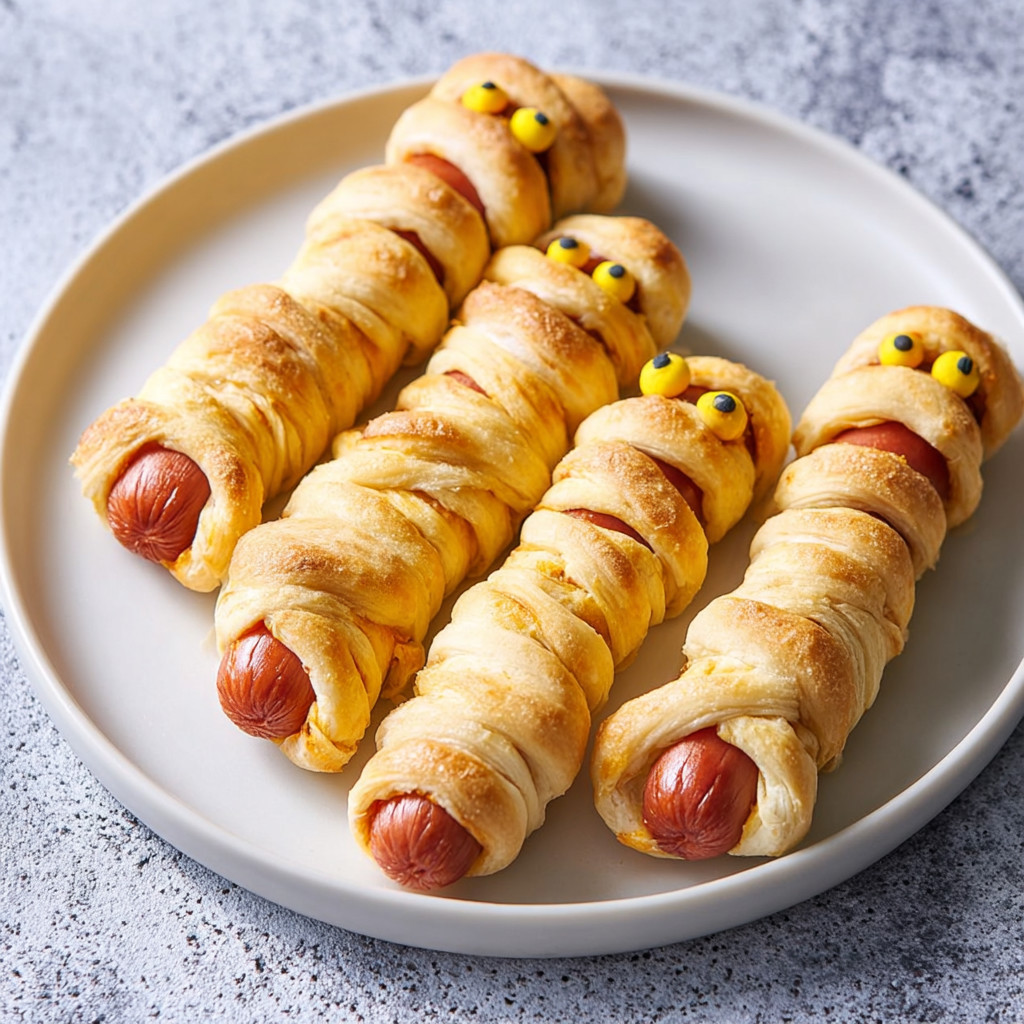 A plate of hot dogs wrapped in dough.