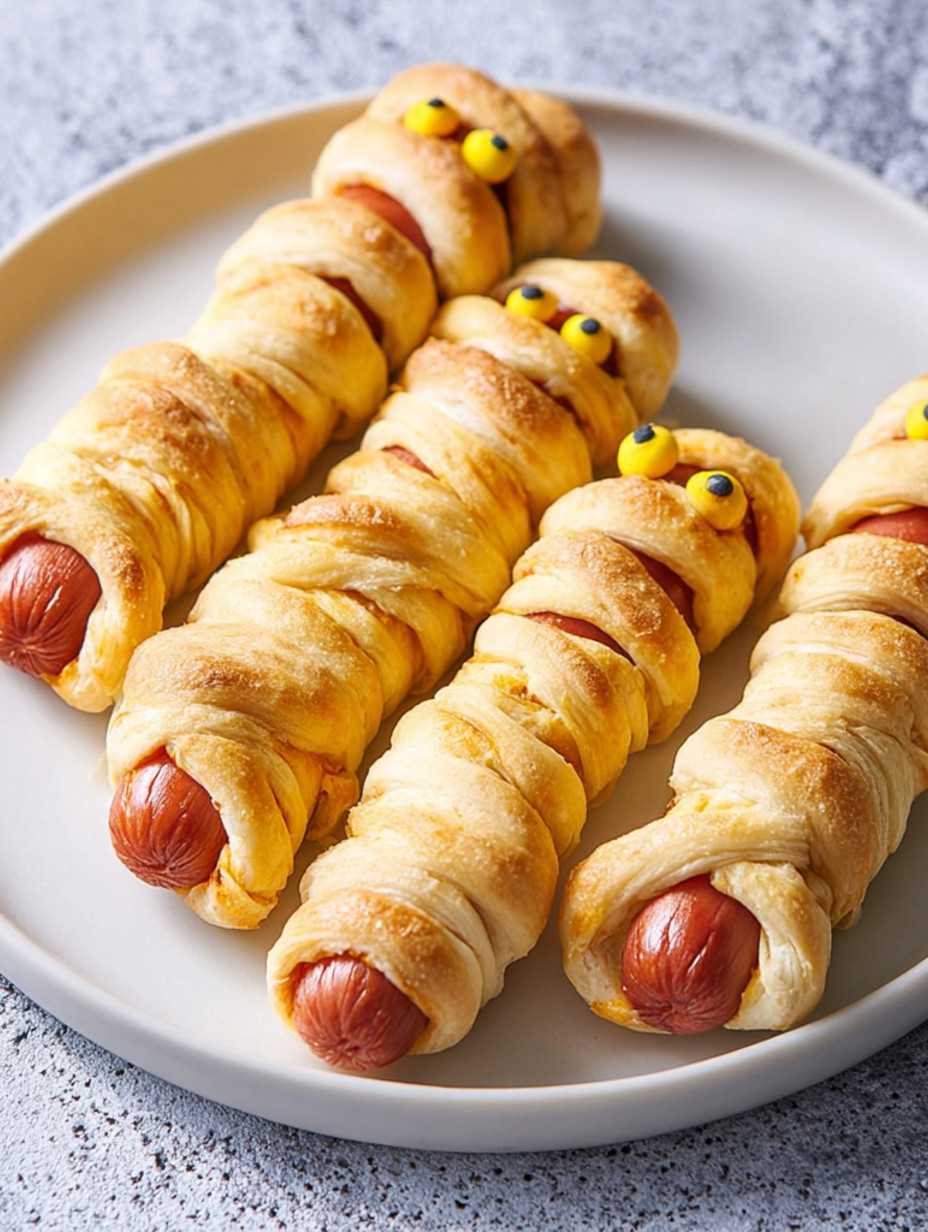 A plate with hot dogs wrapped in bread.