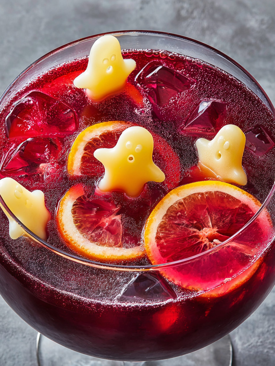 A glass of red wine with orange slices and ghost candies.