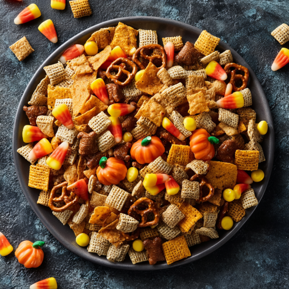 A bowl of candy corn and pretzels.