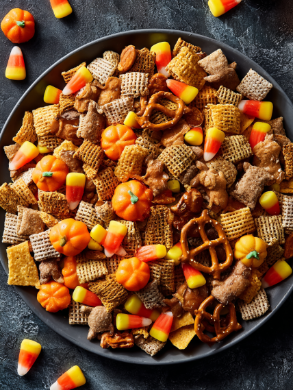 A bowl of candy corn and pretzels.