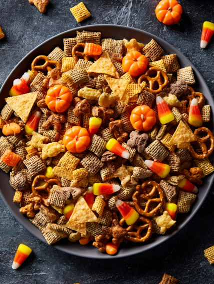 A bowl of candy corn and pretzels.
